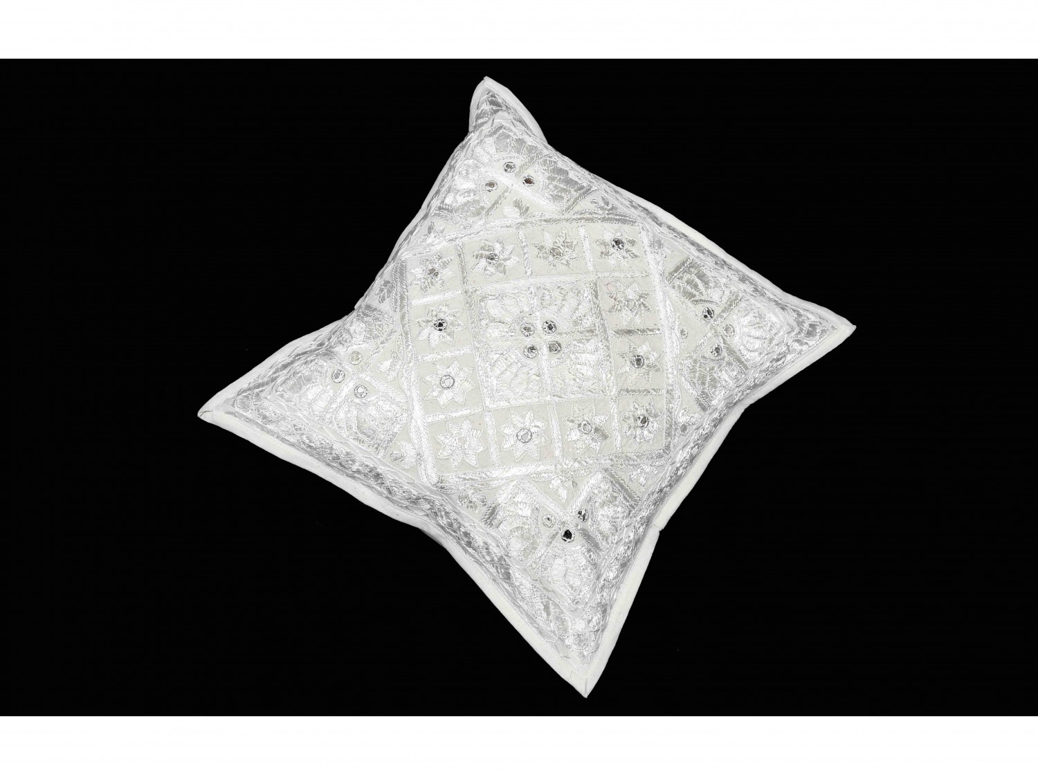Gujarati White Mirror Embroidered Cushion Cover