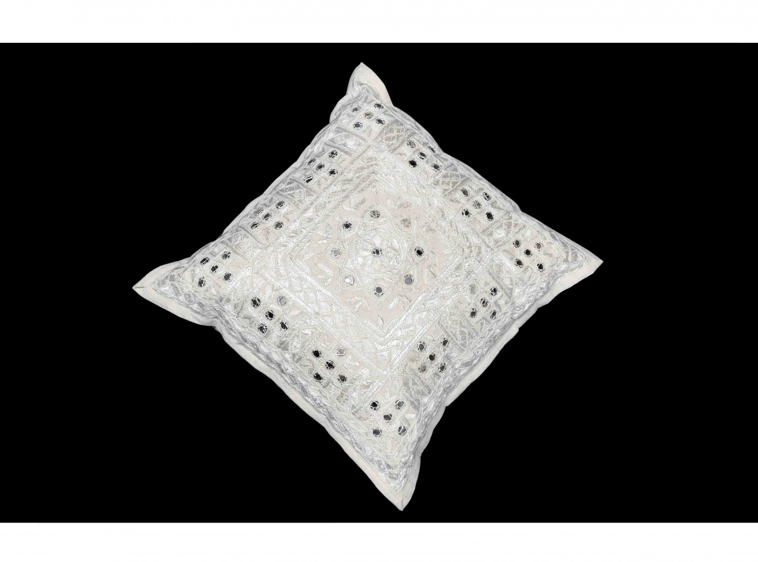 Gujarati White Mirror Embroidered Cushion Cover